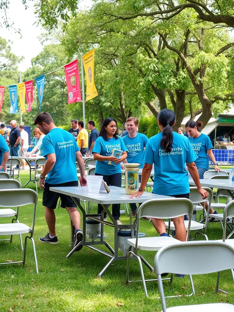 A photograph of volunteers working together at an ASSOCIATION DES CONCOURS HIPPIQUES DE SAINT CHAMANT event, emphasizing the importance of community support and participation in the organization's activities.