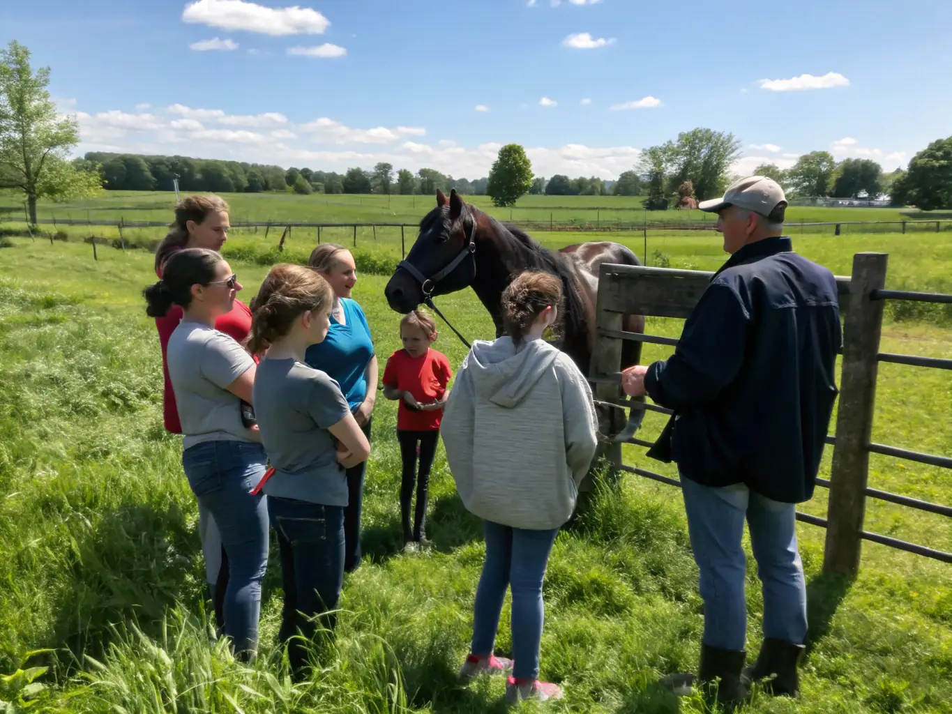 A heartwarming image of children participating in an educational program at ASSOCIATION DES CONCOURS HIPPIQUES DE SAINT CHAMANT, learning about horse care and safe riding practices.