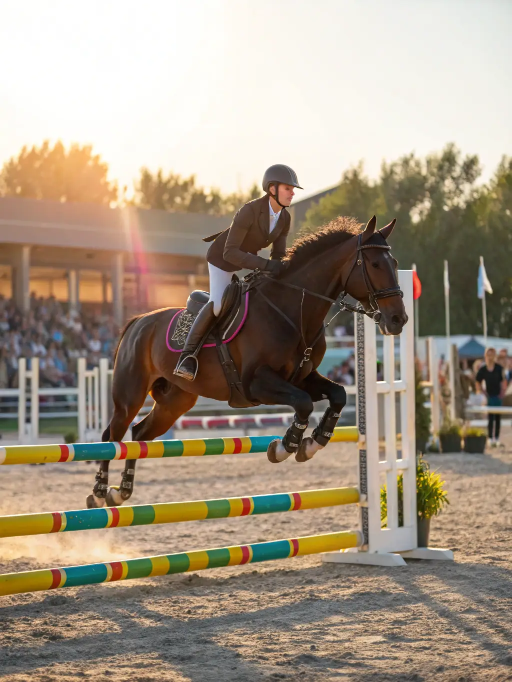A vibrant photograph capturing the excitement of an equestrian competition organized by ASSOCIATION DES CONCOURS HIPPIQUES DE SAINT CHAMANT, showcasing riders and horses in action, with spectators cheering in the background.