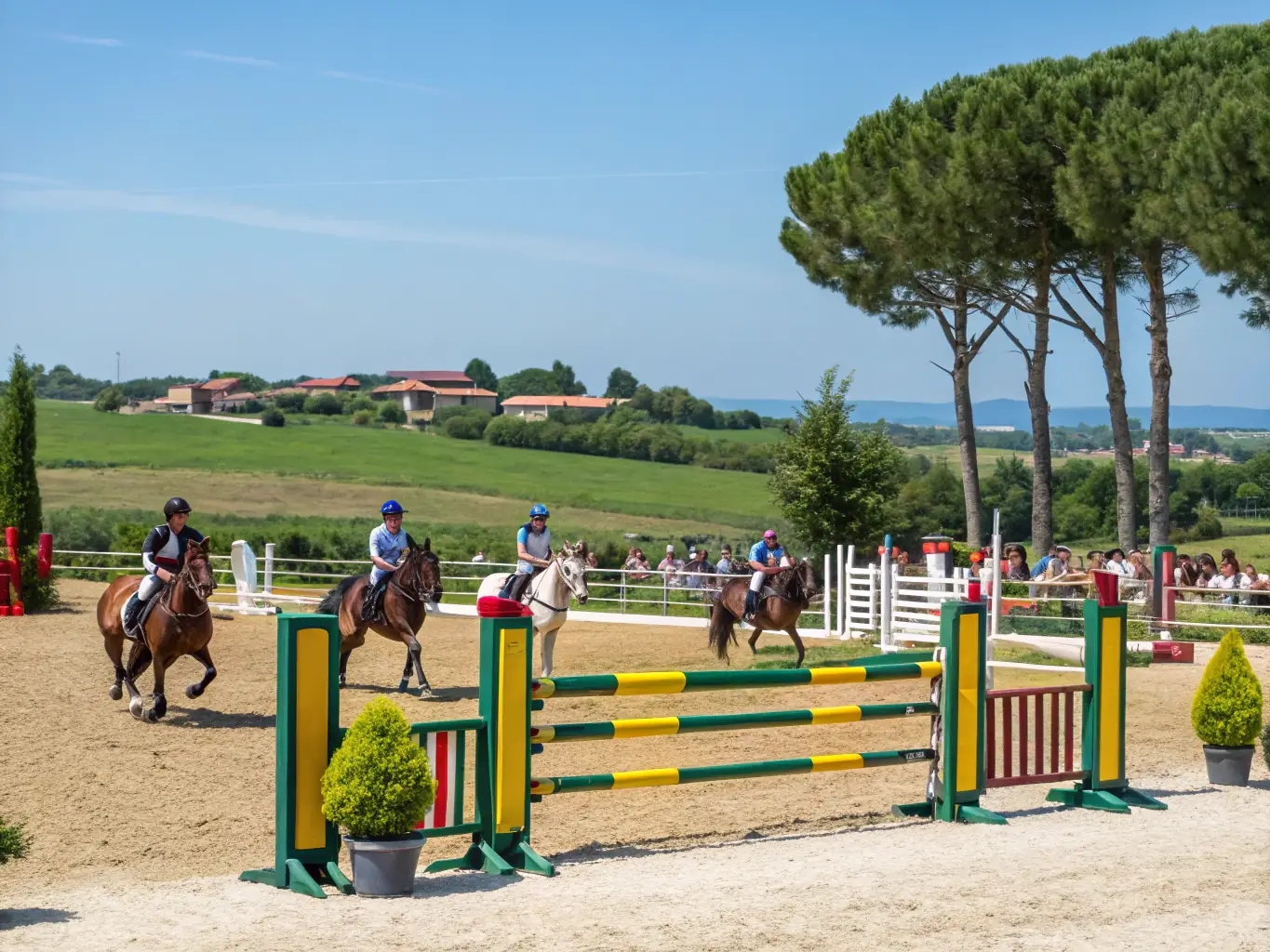 A vibrant image depicting riders competing in a show jumping event at ASSOCIATION DES CONCOURS HIPPIQUES DE SAINT CHAMANT, showcasing the skill and excitement of equestrian sports.